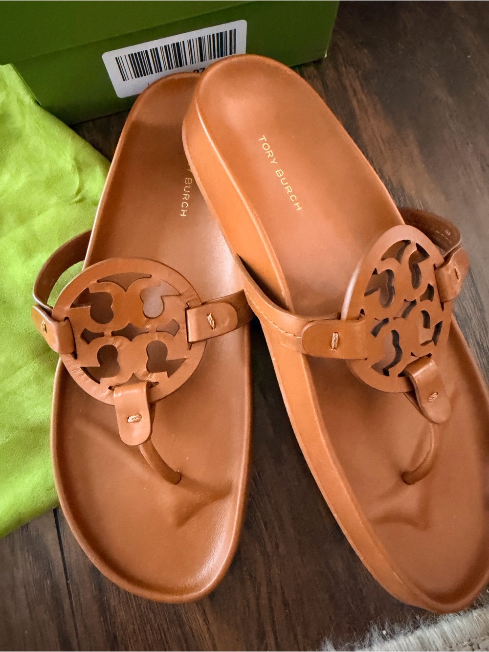 Tory Burch Cognac Leather Miller Thong Sandals with Logo Medallion - Picture 3 of 4